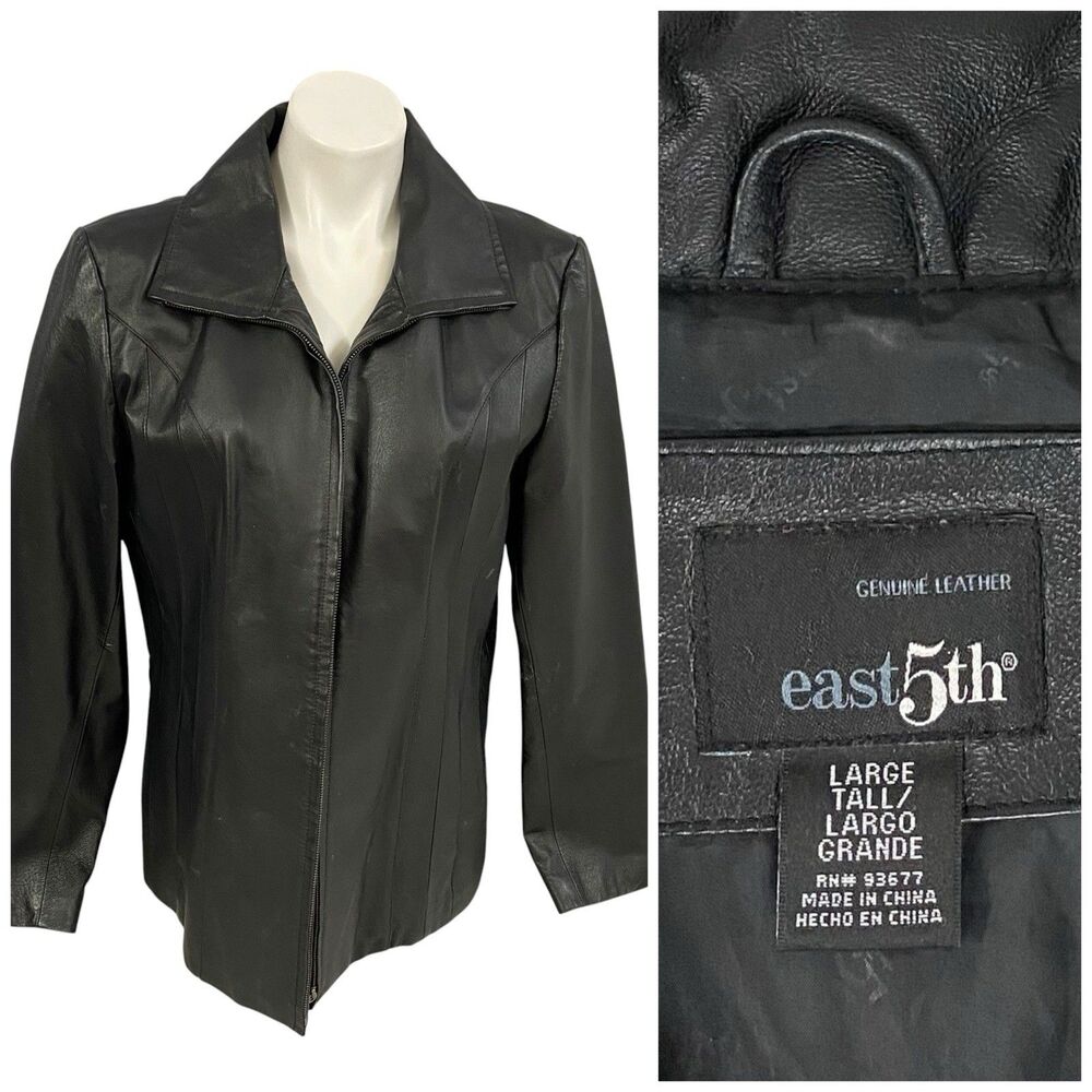 East 5th Leather Jacket Womens Sz Large Tall Black Zip Up Indie Sleaze Matrix